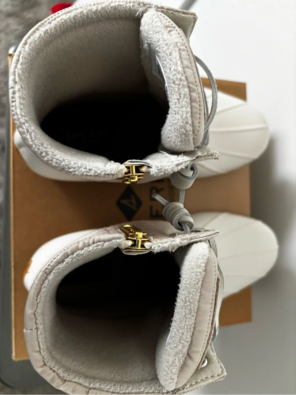 Sperry Quilted Lace-Up Waterproof Rain Boots in Ivory & Taupe with Gold Hardware
